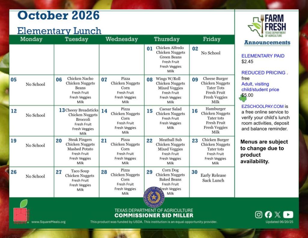 A calendar titled "October 2024 Elementary Lunch" details school meals from Monday to Friday.